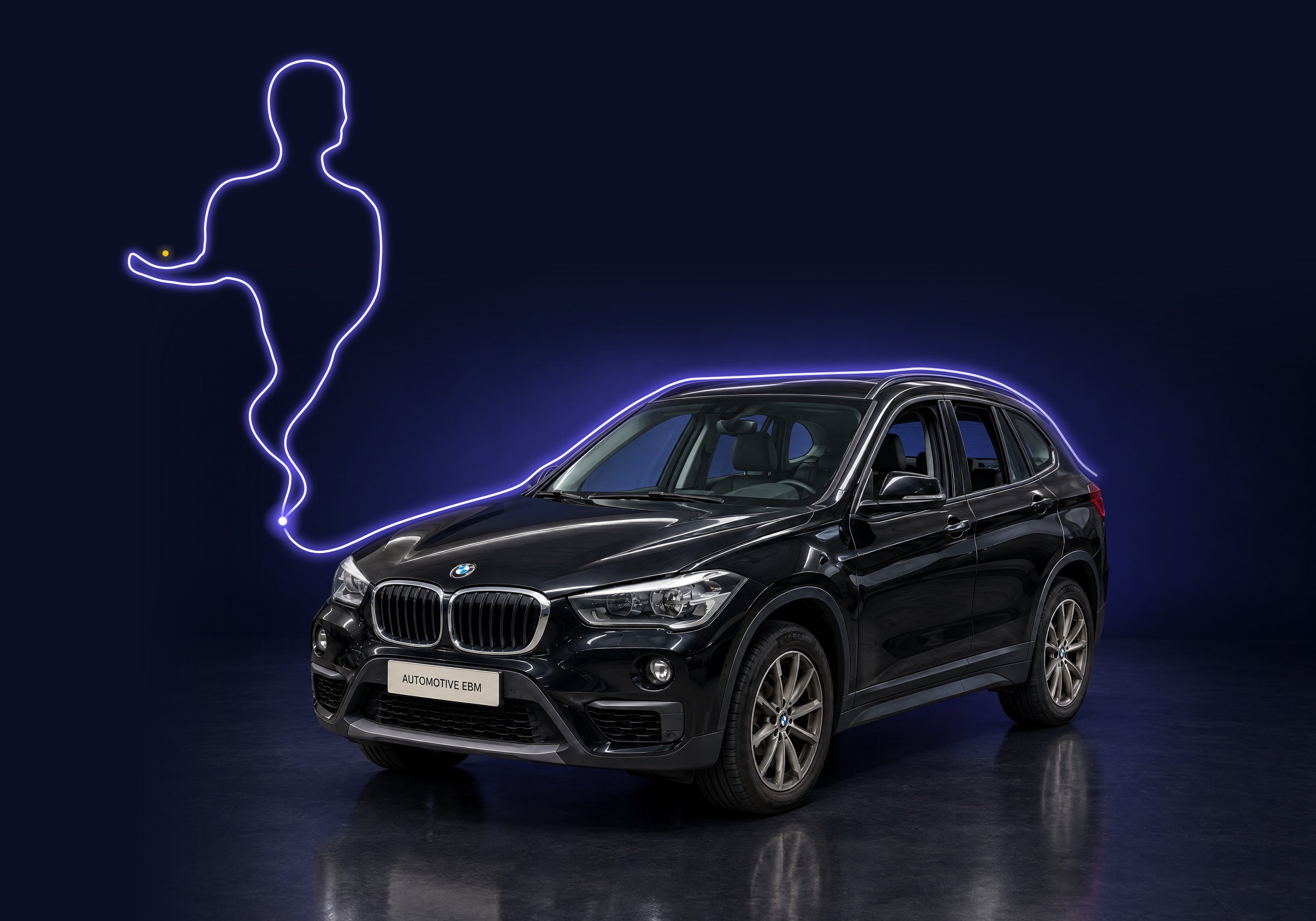 Le vrai BMW X1 dans un studio de nuit ; une ligne de lumière suit son toit, et le génie en sort, la main ouverte.