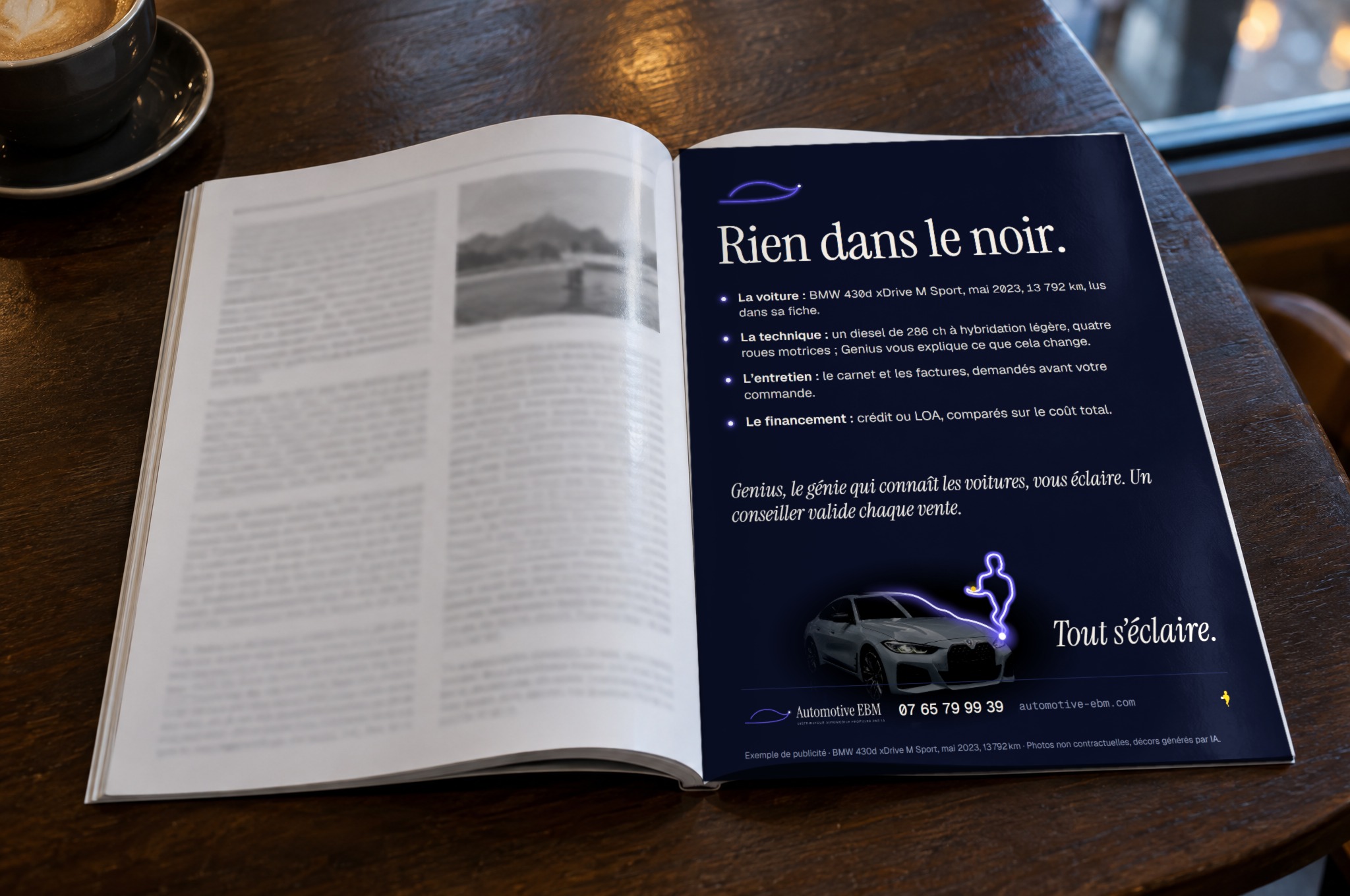 L’annonce presse pleine page dans un magazine ouvert