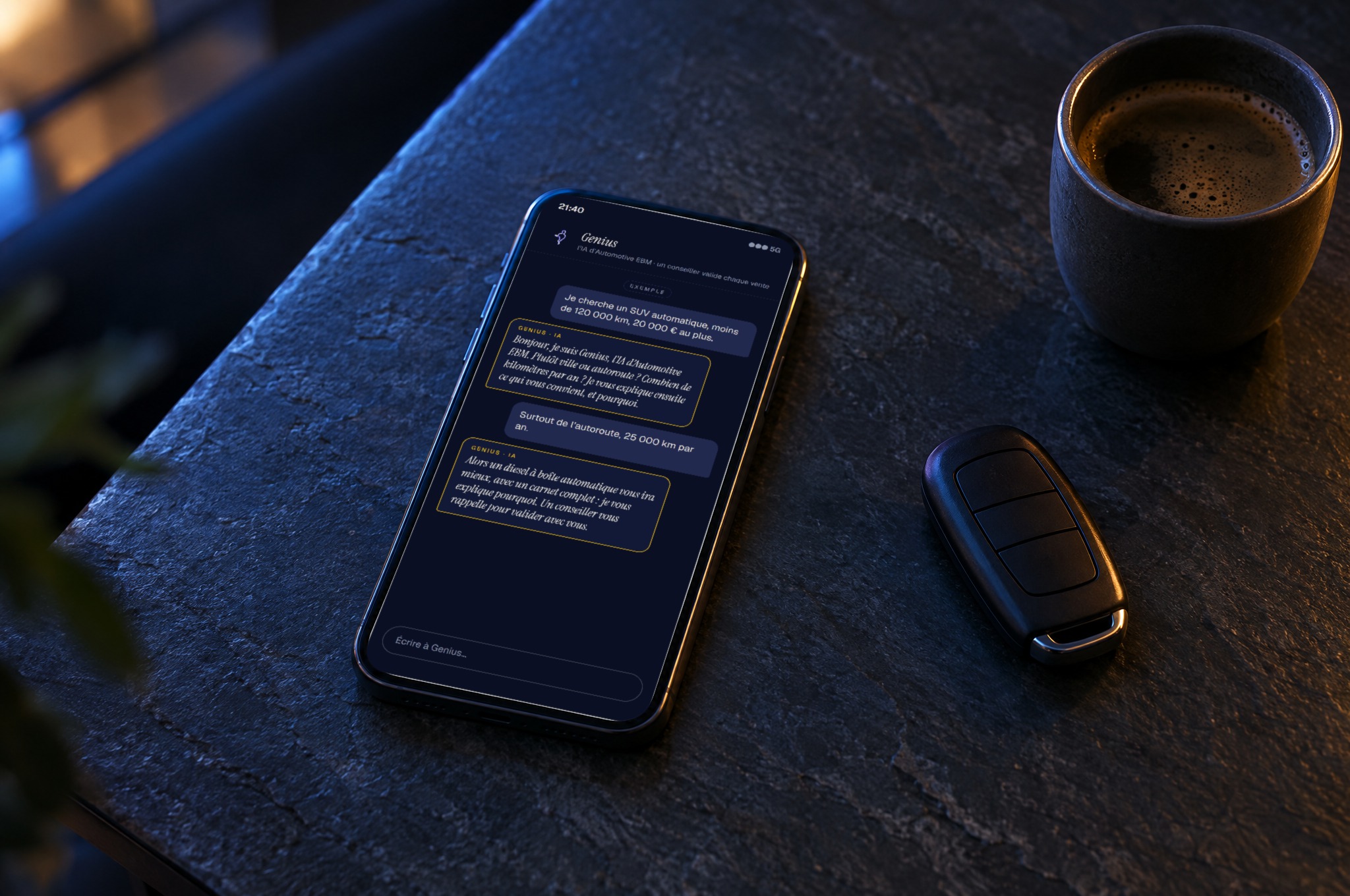 Mise en situation : une conversation avec Genius sur téléphone (exemple ; décor généré par IA)