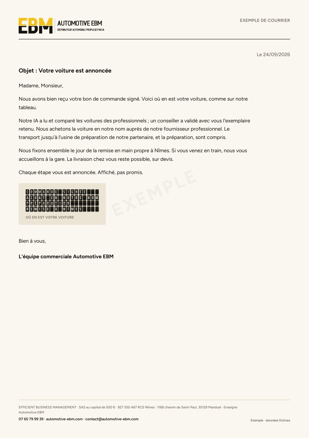 Papier à en-tête, courrier d'exemple