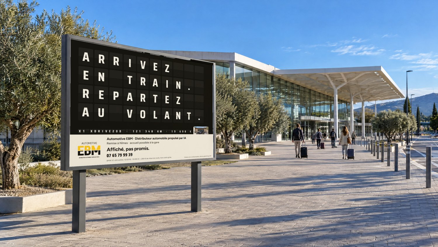 Affiche 4 × 3 face à la sortie d'une gare : ARRIVEZ EN TRAIN. REPARTEZ AU VOLANT.