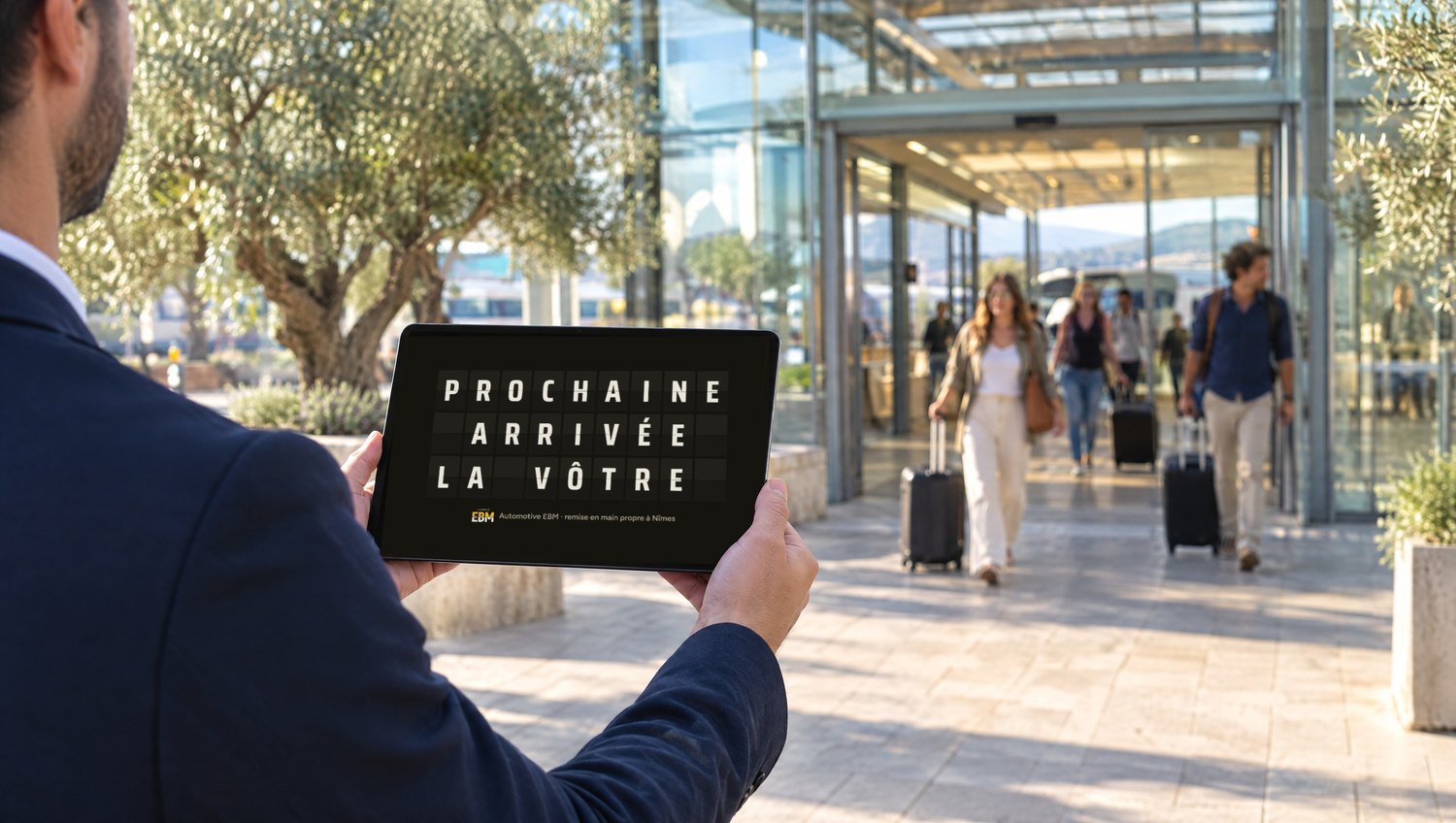 À la sortie de la gare, une tablette affiche PROCHAINE ARRIVÉE LA VÔTRE