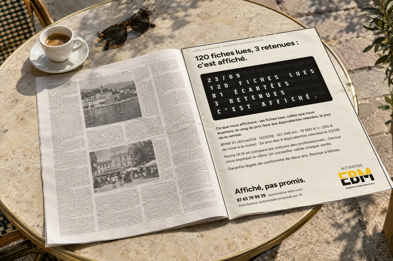 Annonce presse pleine page : 120 fiches lues, 3 retenues : c'est affiché.