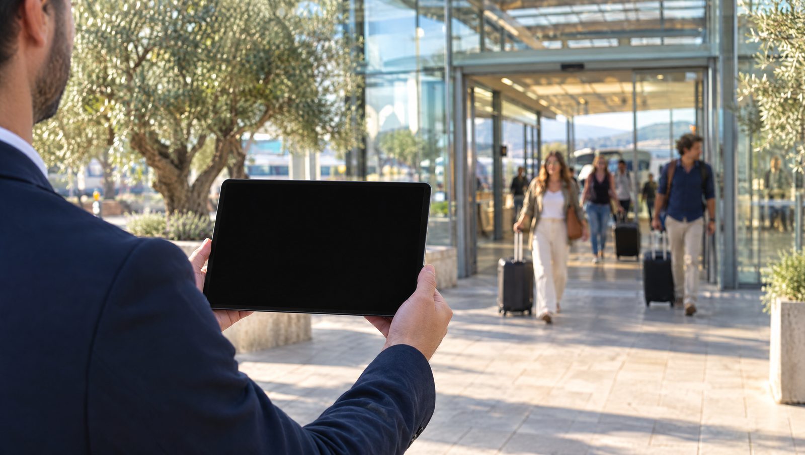 À la sortie de la gare, un conseiller tient une tablette